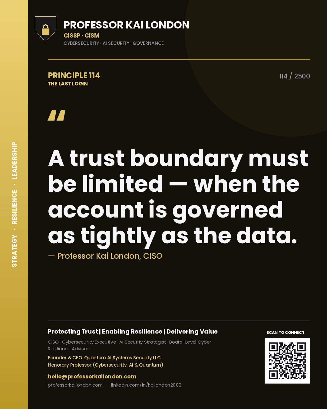 Quote card by Professor Kai London reading 'A trust boundary must be limited — when the account is governed as tightly as the data.'. From the book The Last Login.