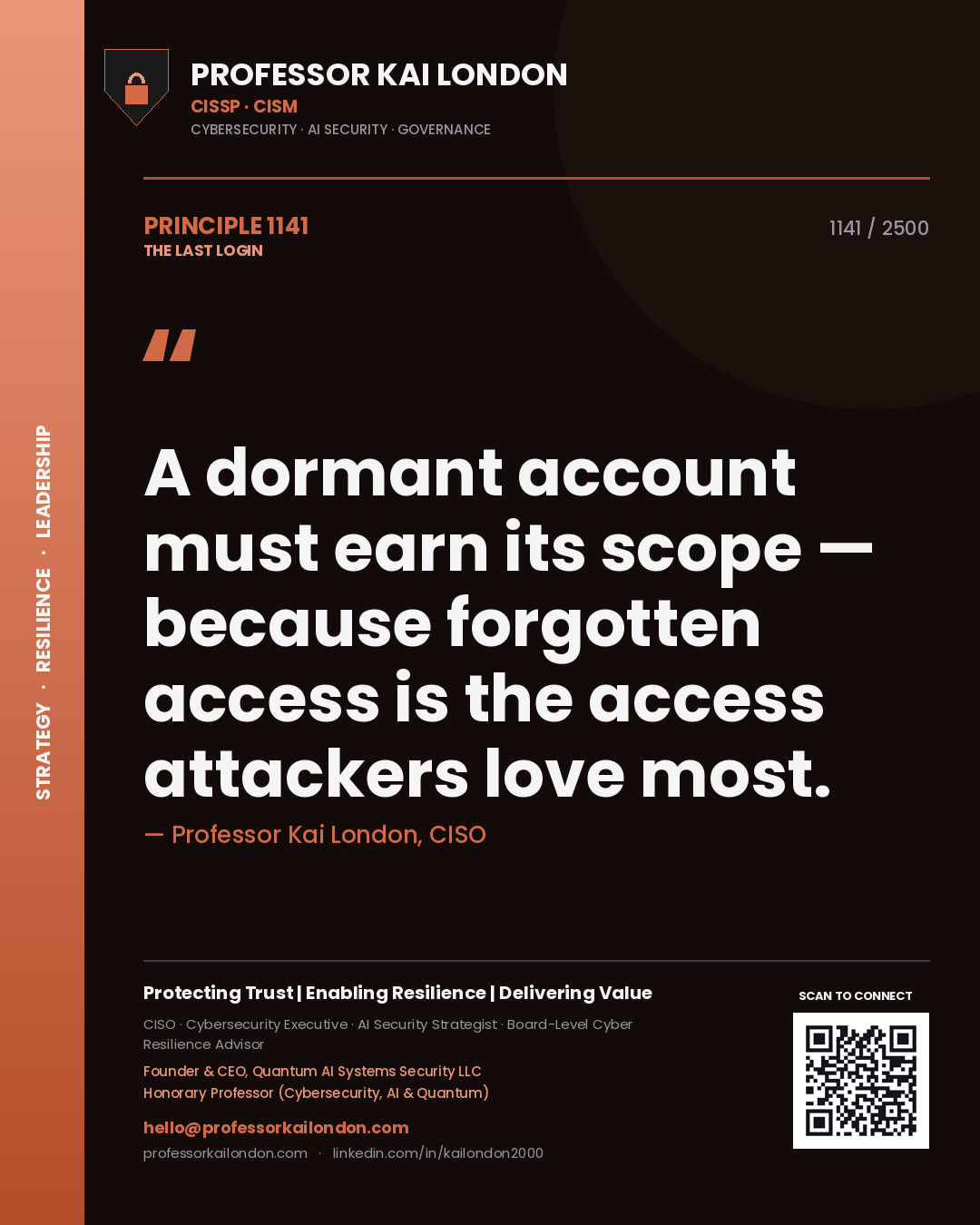 Professor Kai London principle 1141: A dormant account must earn its scope — because forgotten access is the access attackers love most.