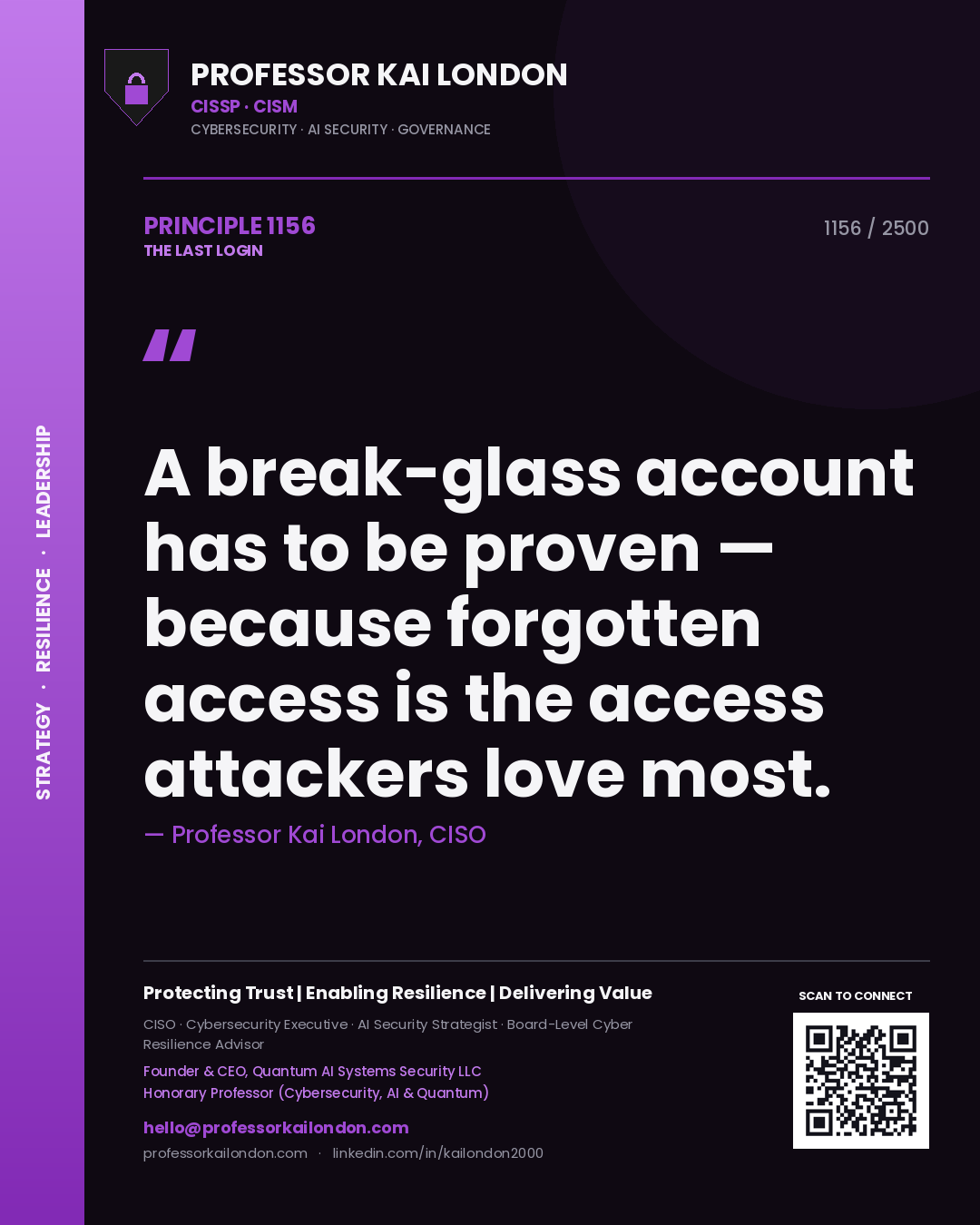 Quote card by Professor Kai London reading 'A break-glass account has to be proven — because forgotten access is the access attackers love most.'. From the book The Last Login.