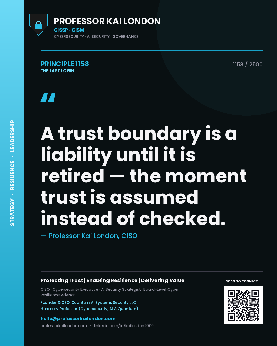 Professor Kai London principle 1158: A trust boundary is a liability until it is retired — the moment trust is assumed instead of checked.
