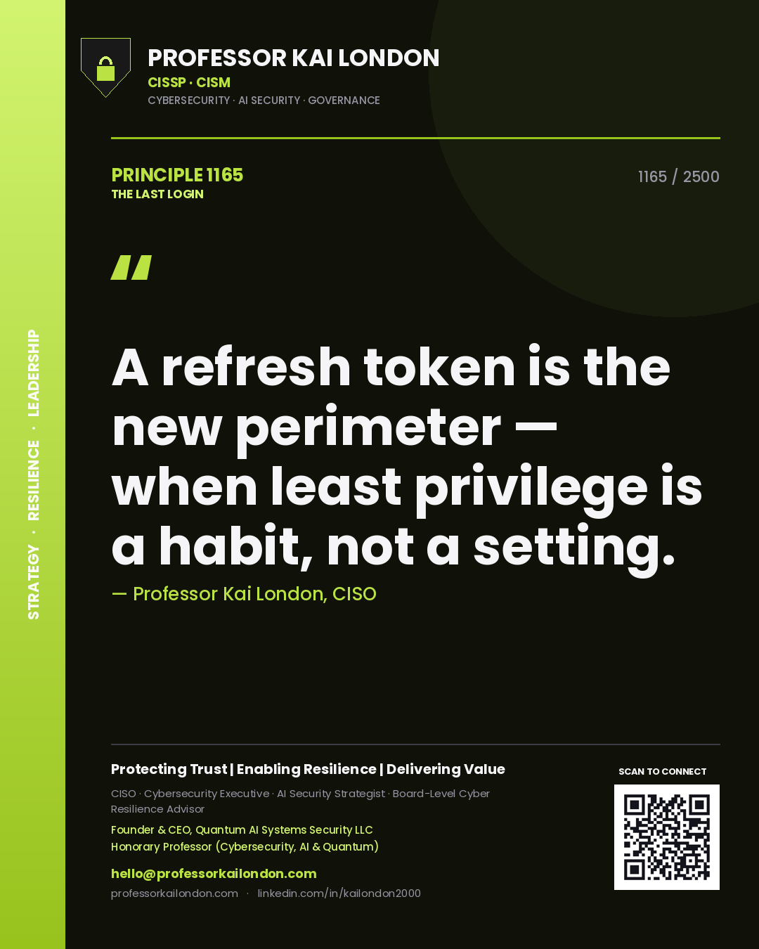 Professor Kai London principle 1165: A refresh token is the new perimeter — when least privilege is a habit, not a setting.