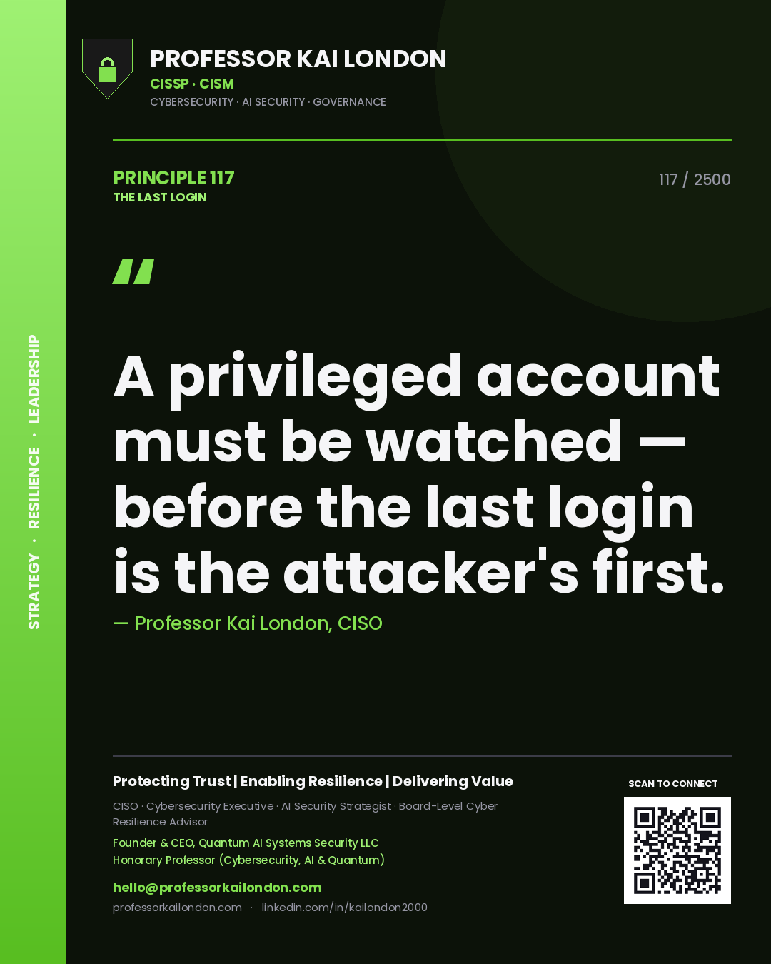 Quote card by Professor Kai London reading 'A privileged account must be watched — before the last login is the attacker's first.'. From the book The Last Login.
