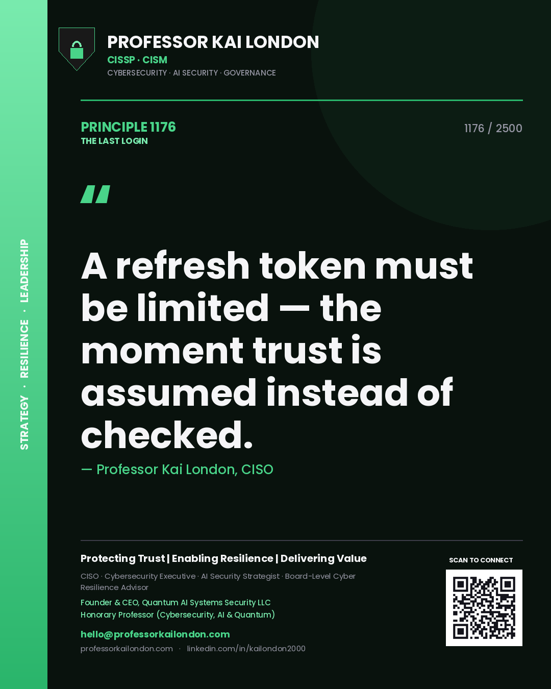 Professor Kai London principle 1176: A refresh token must be limited — the moment trust is assumed instead of checked.