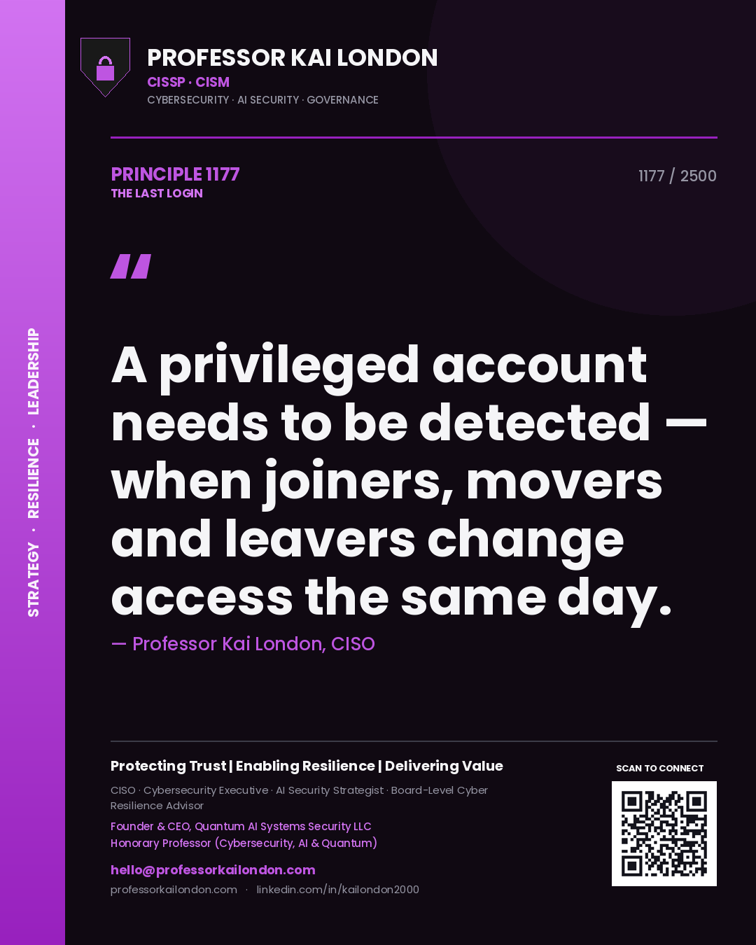 Quote card by Professor Kai London reading 'A privileged account needs to be detected — when joiners, movers and leavers change access the same day.'. From the book The Last Login.