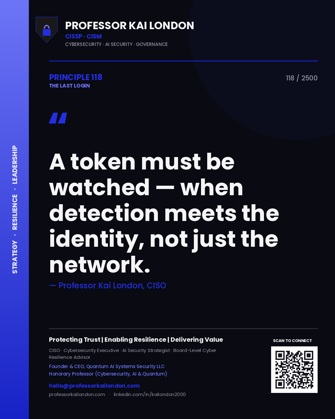 Quote card by Professor Kai London reading 'A token must be watched — when detection meets the identity, not just the network.'. From the book The Last Login.