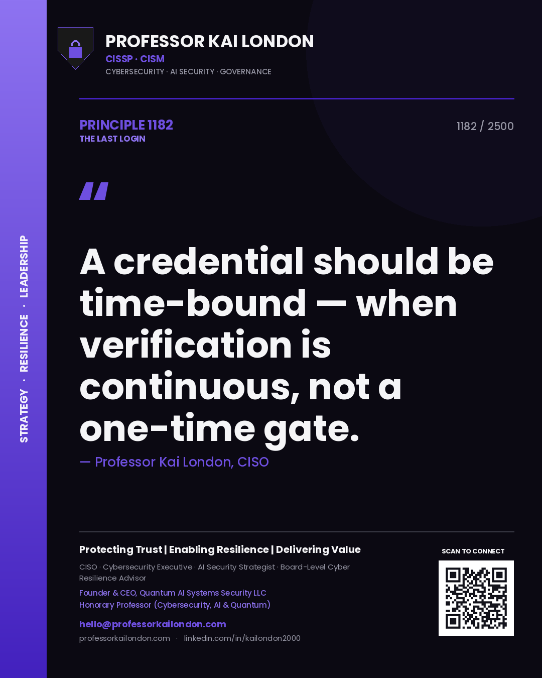 Quote card by Professor Kai London reading 'A credential should be time-bound — when verification is continuous, not a one-time gate.'. From the book The Last Login.