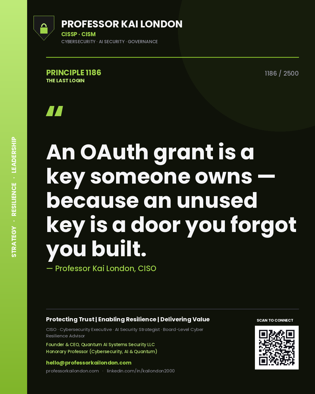 Professor Kai London principle 1186: An OAuth grant is a key someone owns — because an unused key is a door you forgot you built.