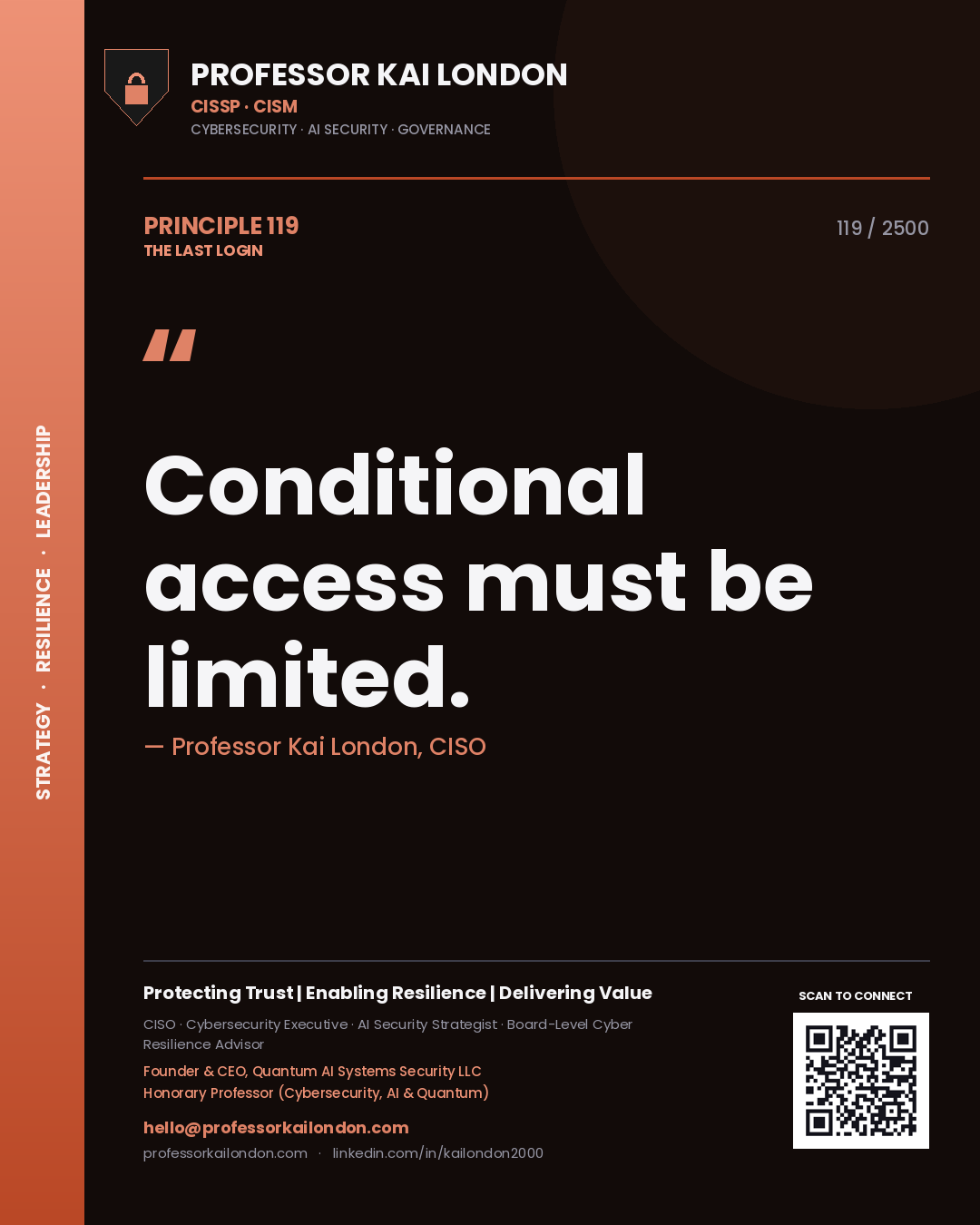 Quote card by Professor Kai London reading 'Conditional access must be limited.'. From the book The Last Login.