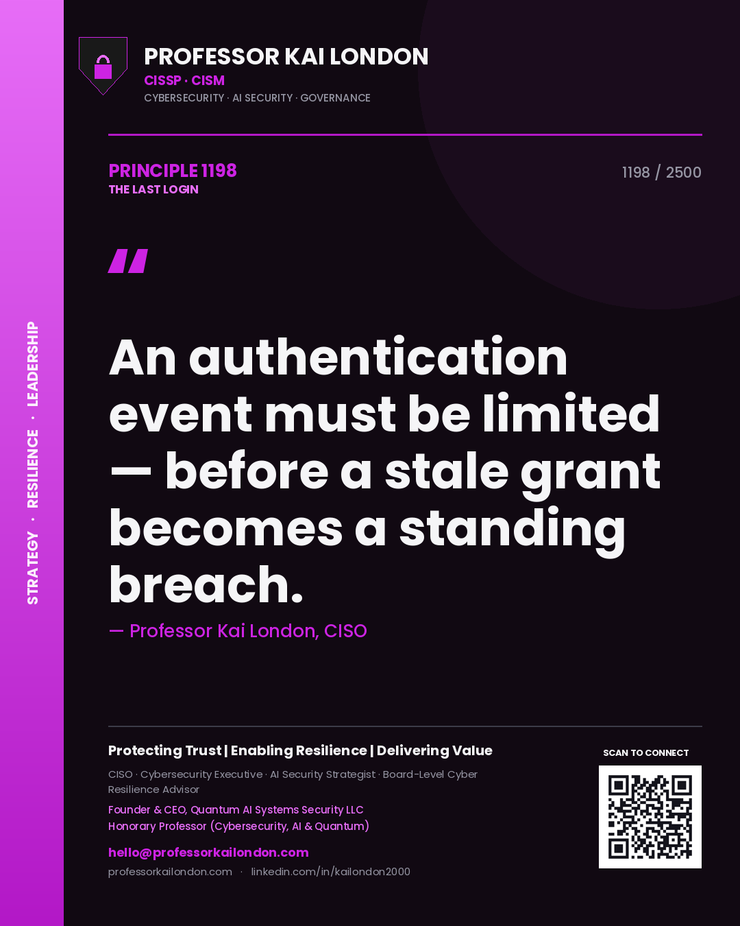Quote card by Professor Kai London reading 'An authentication event must be limited — before a stale grant becomes a standing breach.'. From the book The Last Login.