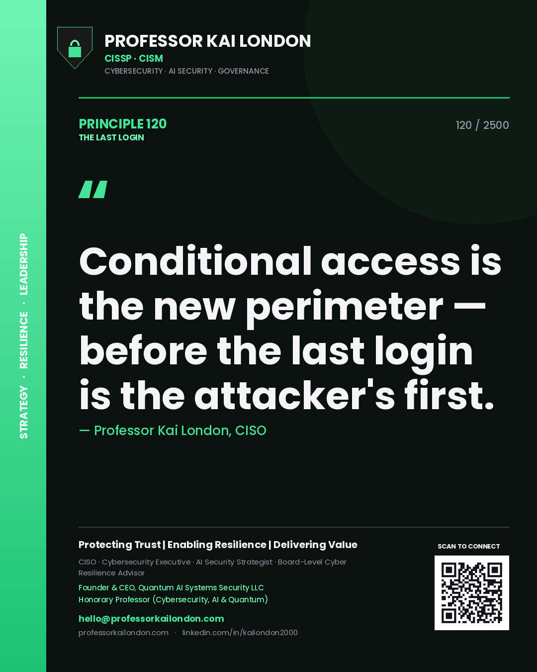 Quote card by Professor Kai London reading 'Conditional access is the new perimeter — before the last login is the attacker's first.'. From the book The Last Login.