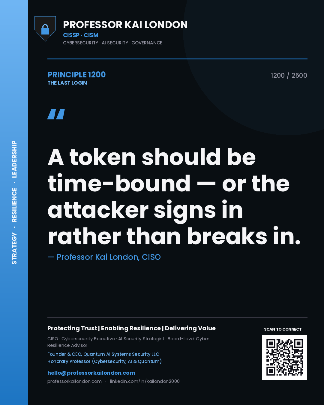 Quote card by Professor Kai London reading 'A token should be time-bound — or the attacker signs in rather than breaks in.'. From the book The Last Login.