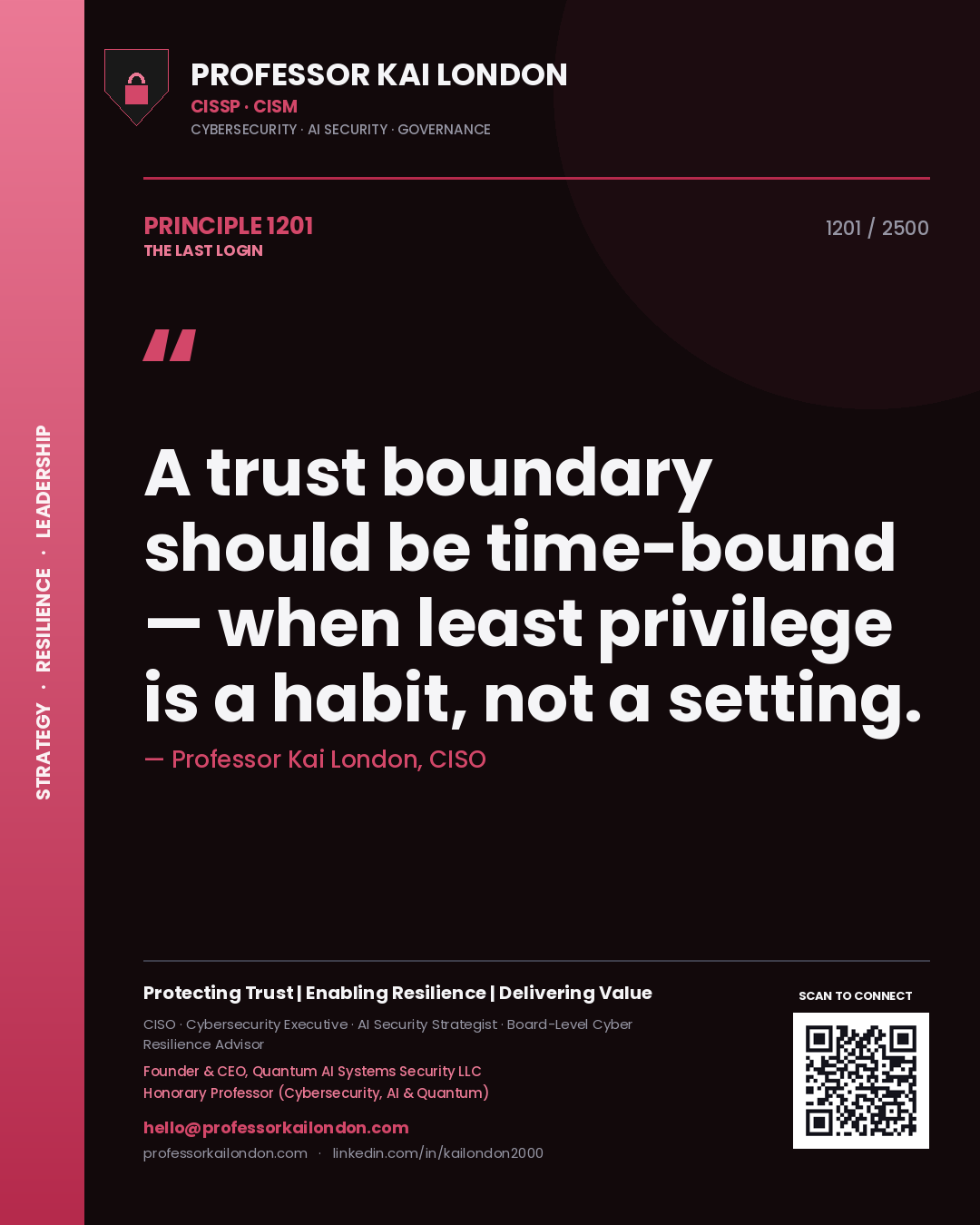Professor Kai London principle 1201: A trust boundary should be time-bound — when least privilege is a habit, not a setting.