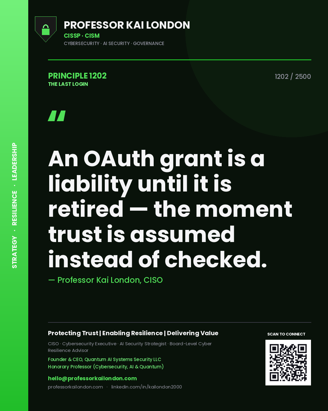 Quote card by Professor Kai London reading 'An OAuth grant is a liability until it is retired — the moment trust is assumed instead of checked.'. From the book The Last Login.