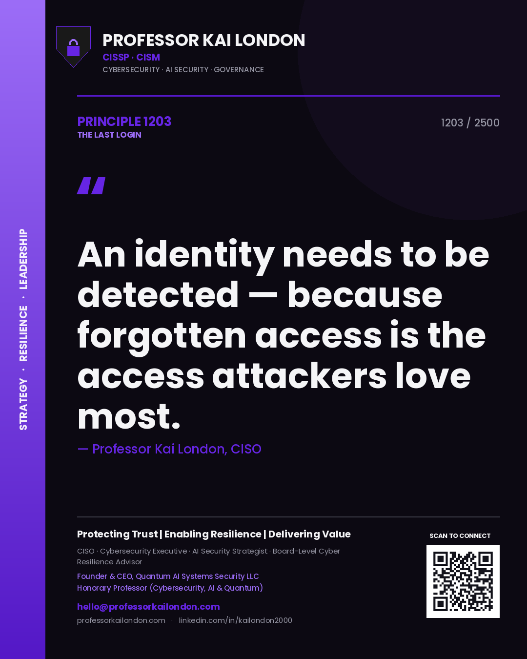 Quote card by Professor Kai London reading 'An identity needs to be detected — because forgotten access is the access attackers love most.'. From the book The Last Login.