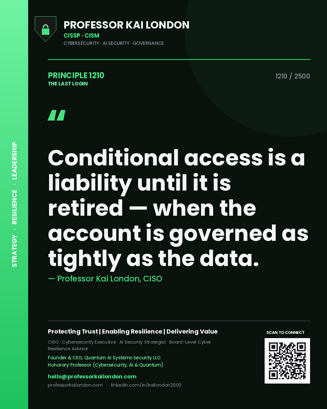 Professor Kai London principle 1210: Conditional access is a liability until it is retired — when the account is governed as tightly as the data.