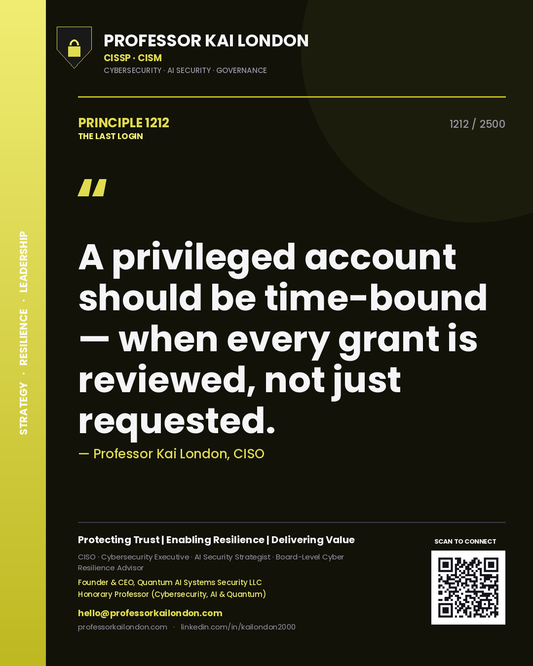 Professor Kai London principle 1212: A privileged account should be time-bound — when every grant is reviewed, not just requested.