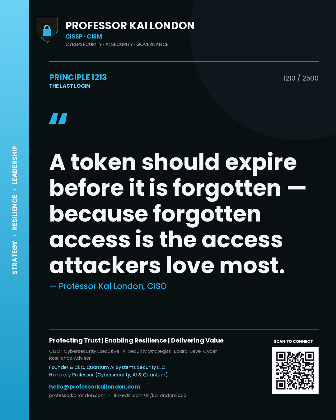Professor Kai London principle 1213: A token should expire before it is forgotten — because forgotten access is the access attackers love most.