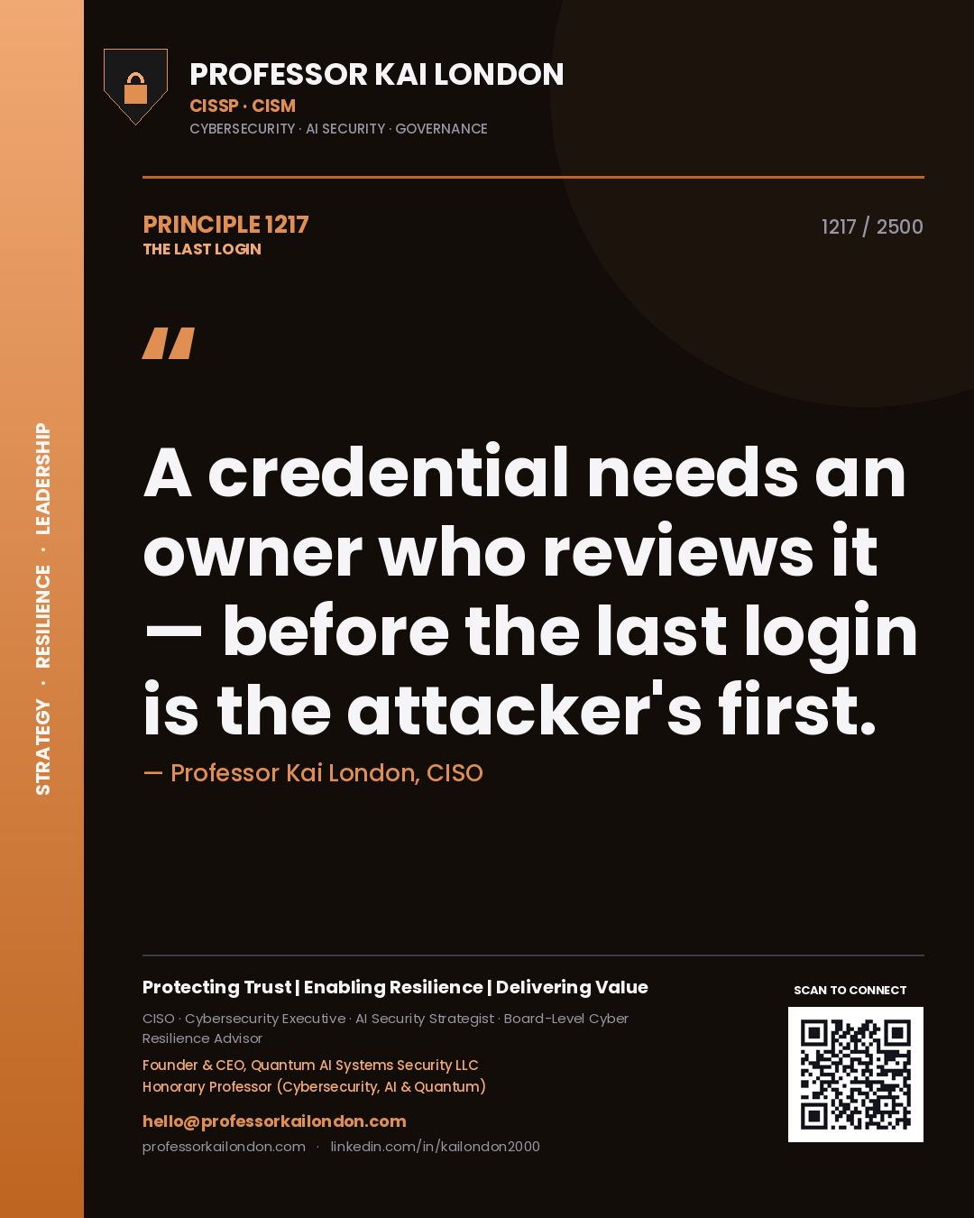 Professor Kai London principle 1217: A credential needs an owner who reviews it — before the last login is the attacker's first.
