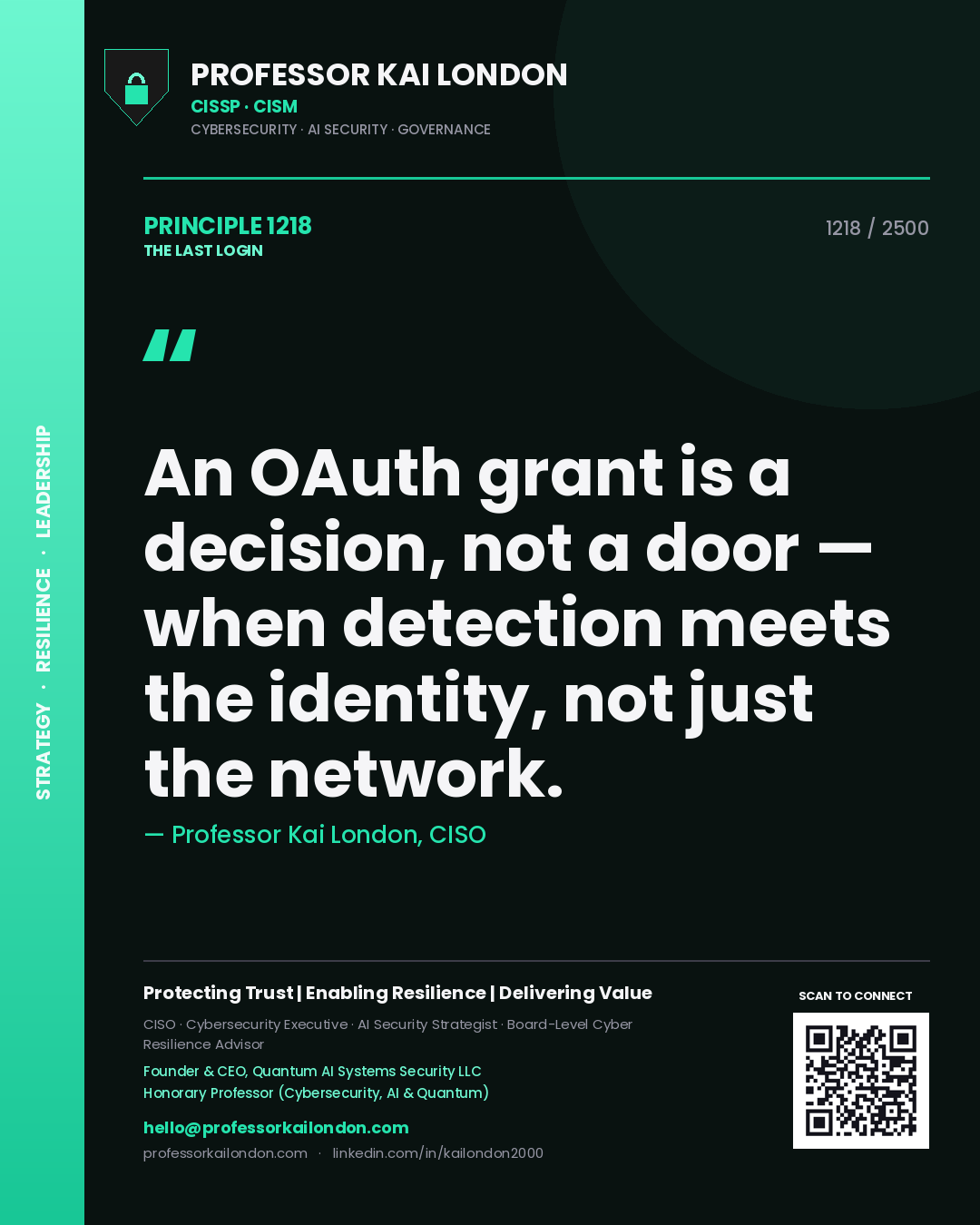 Professor Kai London principle 1218: An OAuth grant is a decision, not a door — when detection meets the identity, not just the network.