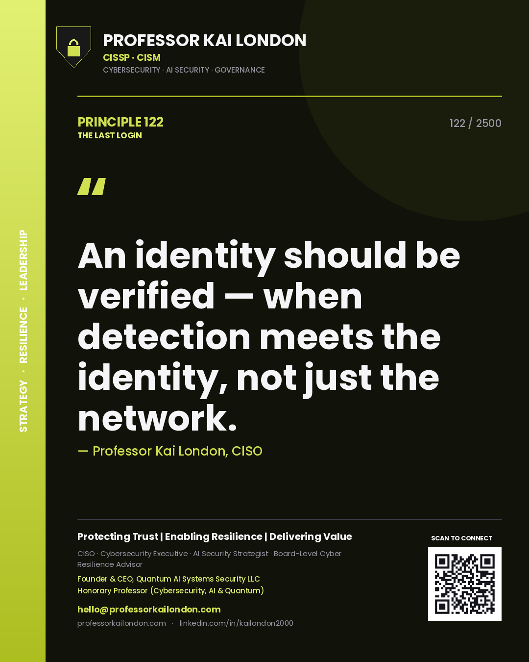Quote card by Professor Kai London reading 'An identity should be verified — when detection meets the identity, not just the network.'. From the book The Last Login.