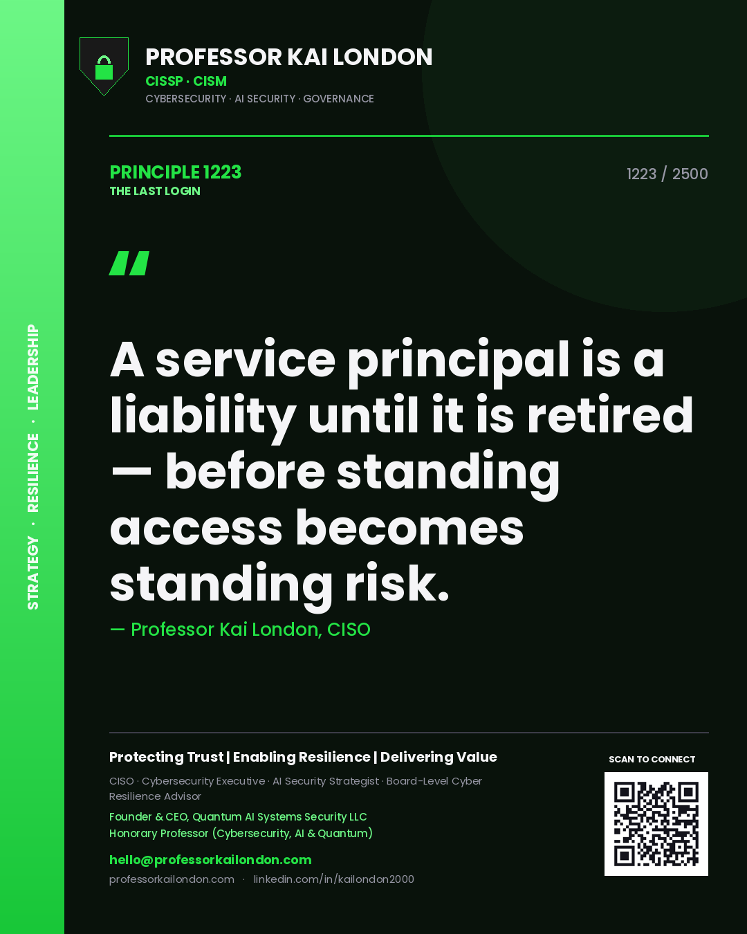 Quote card by Professor Kai London reading 'A service principal is a liability until it is retired — before standing access becomes standing risk.'. From the book The Last Login.