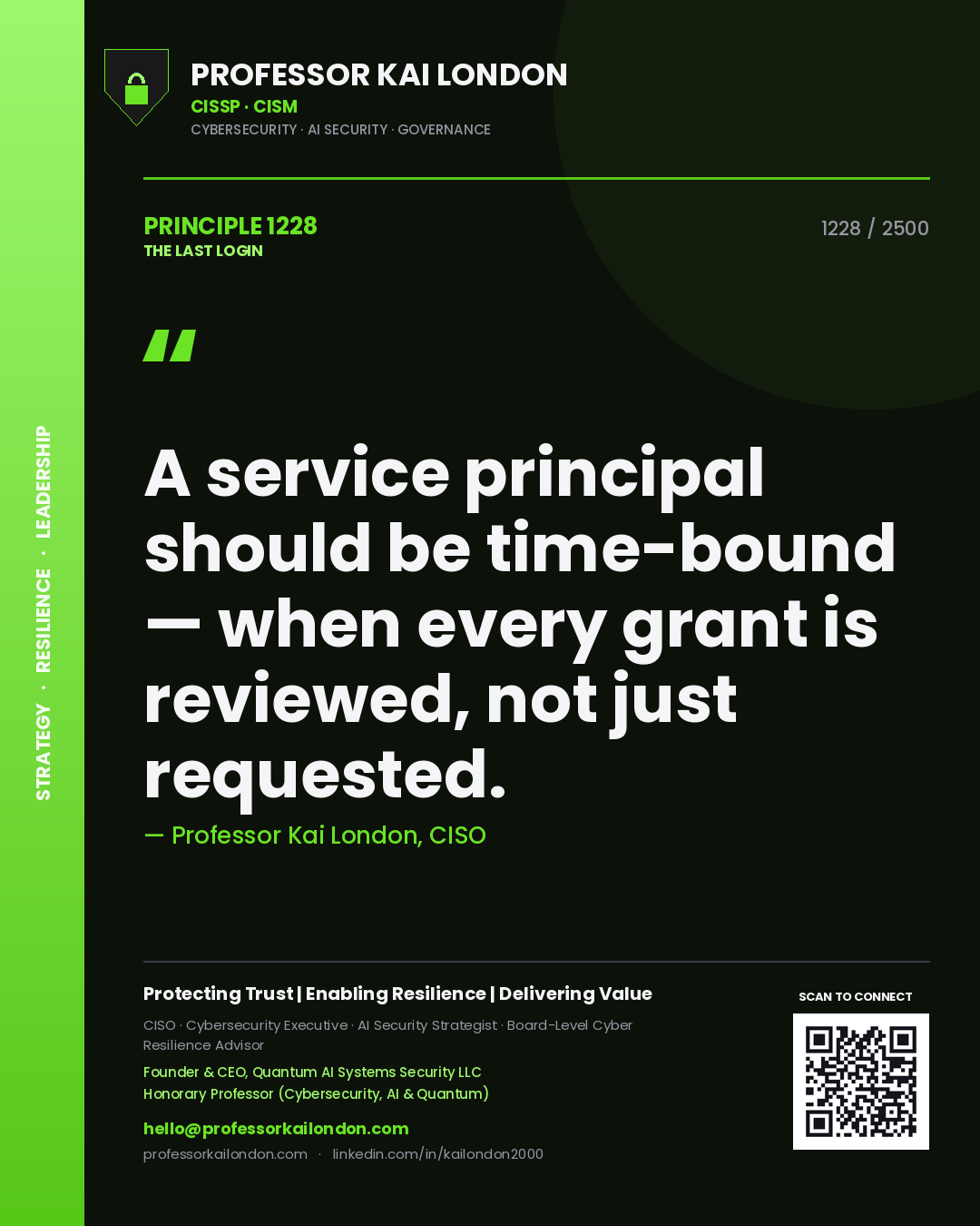 Professor Kai London principle 1228: A service principal should be time-bound — when every grant is reviewed, not just requested.