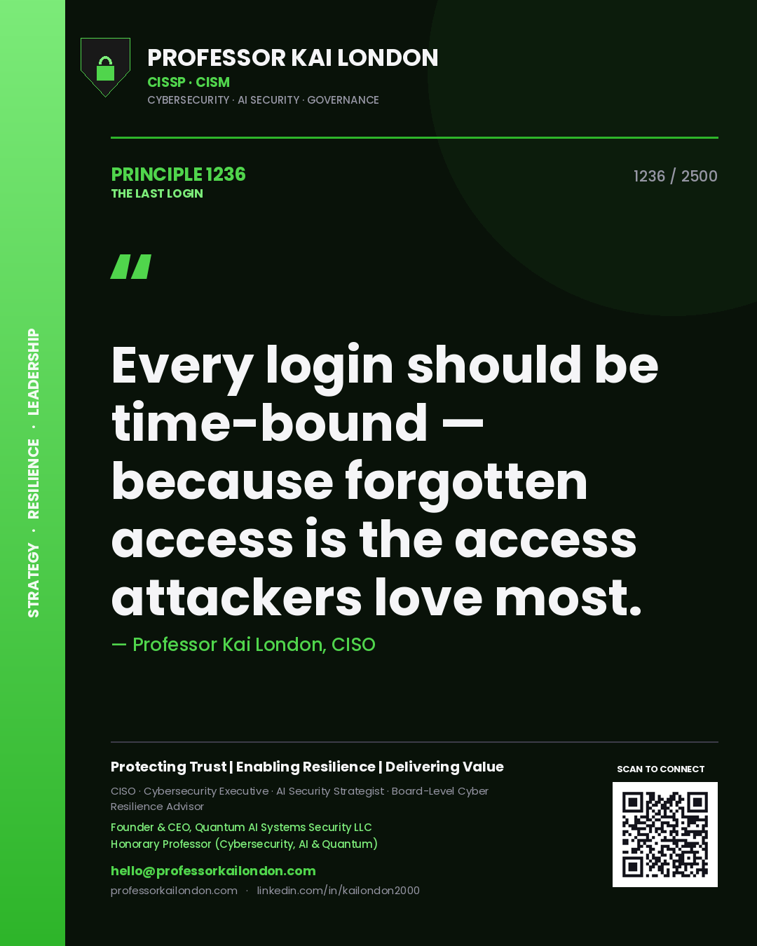 Quote card by Professor Kai London reading 'Every login should be time-bound — because forgotten access is the access attackers love most.'. From the book The Last Login.