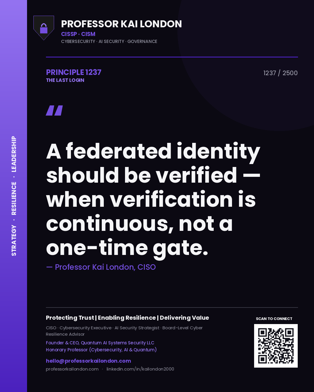 Professor Kai London principle 1237: A federated identity should be verified — when verification is continuous, not a one-time gate.