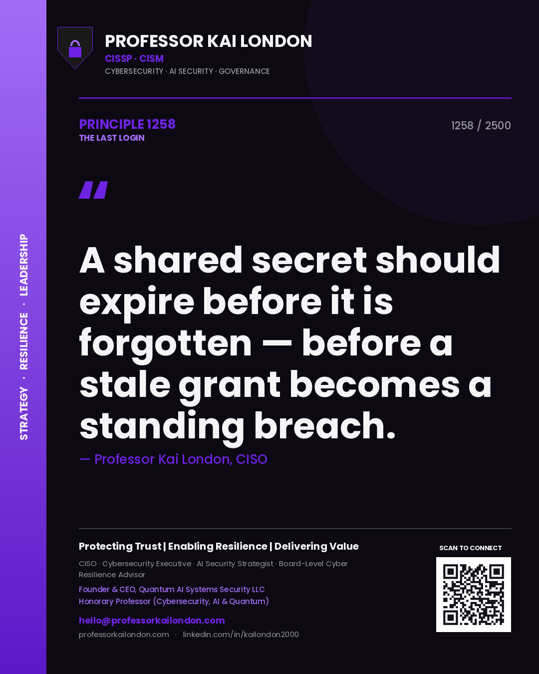 Quote card by Professor Kai London reading 'A shared secret should expire before it is forgotten — before a stale grant becomes a standing breach.'. From the book The Last Login.