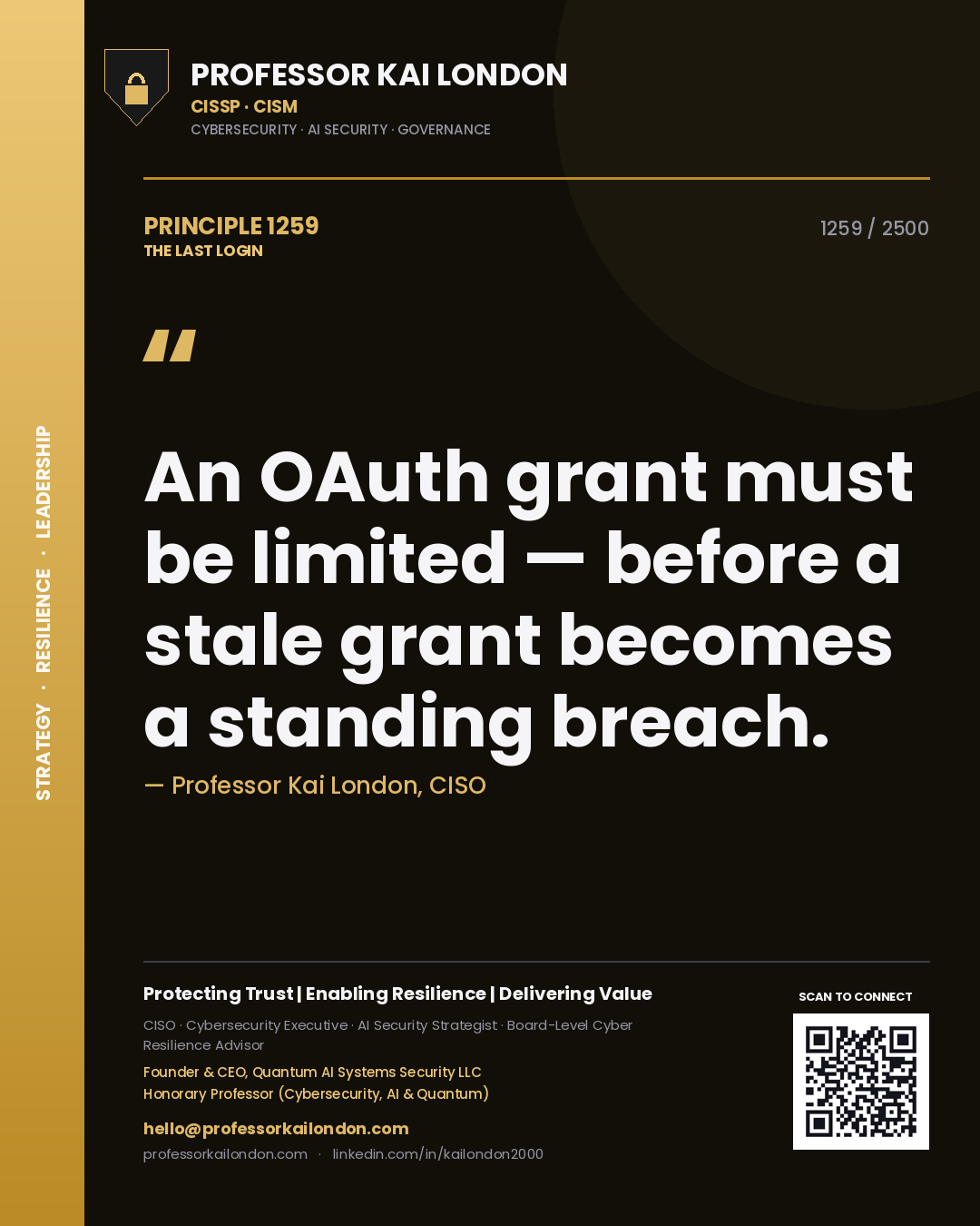 Professor Kai London principle 1259: An OAuth grant must be limited — before a stale grant becomes a standing breach.