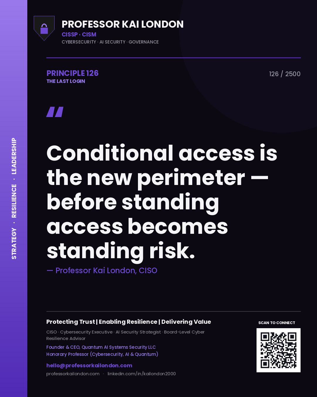 Quote card by Professor Kai London reading 'Conditional access is the new perimeter — before standing access becomes standing risk.'. From the book The Last Login.