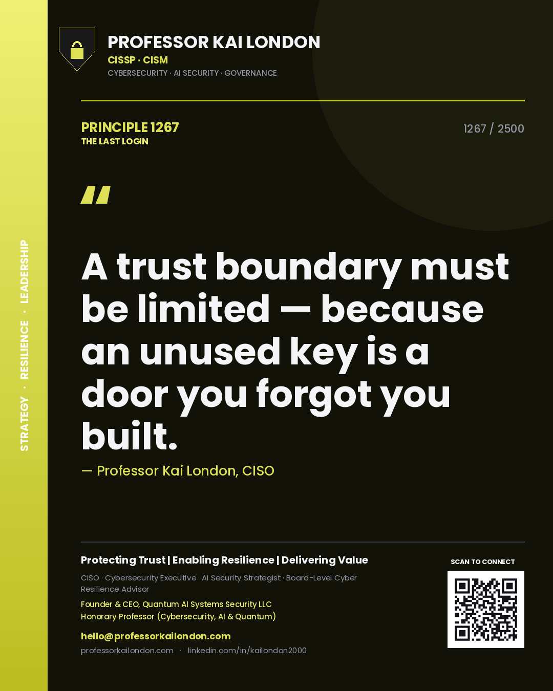 Quote card by Professor Kai London reading 'A trust boundary must be limited — because an unused key is a door you forgot you built.'. From the book The Last Login.