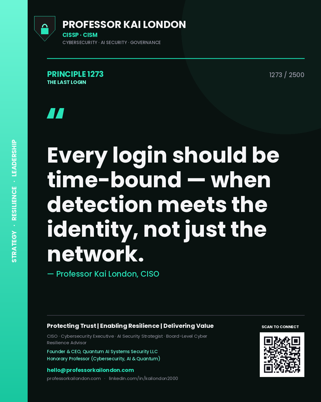 Quote card by Professor Kai London reading 'Every login should be time-bound — when detection meets the identity, not just the network.'. From the book The Last Login.