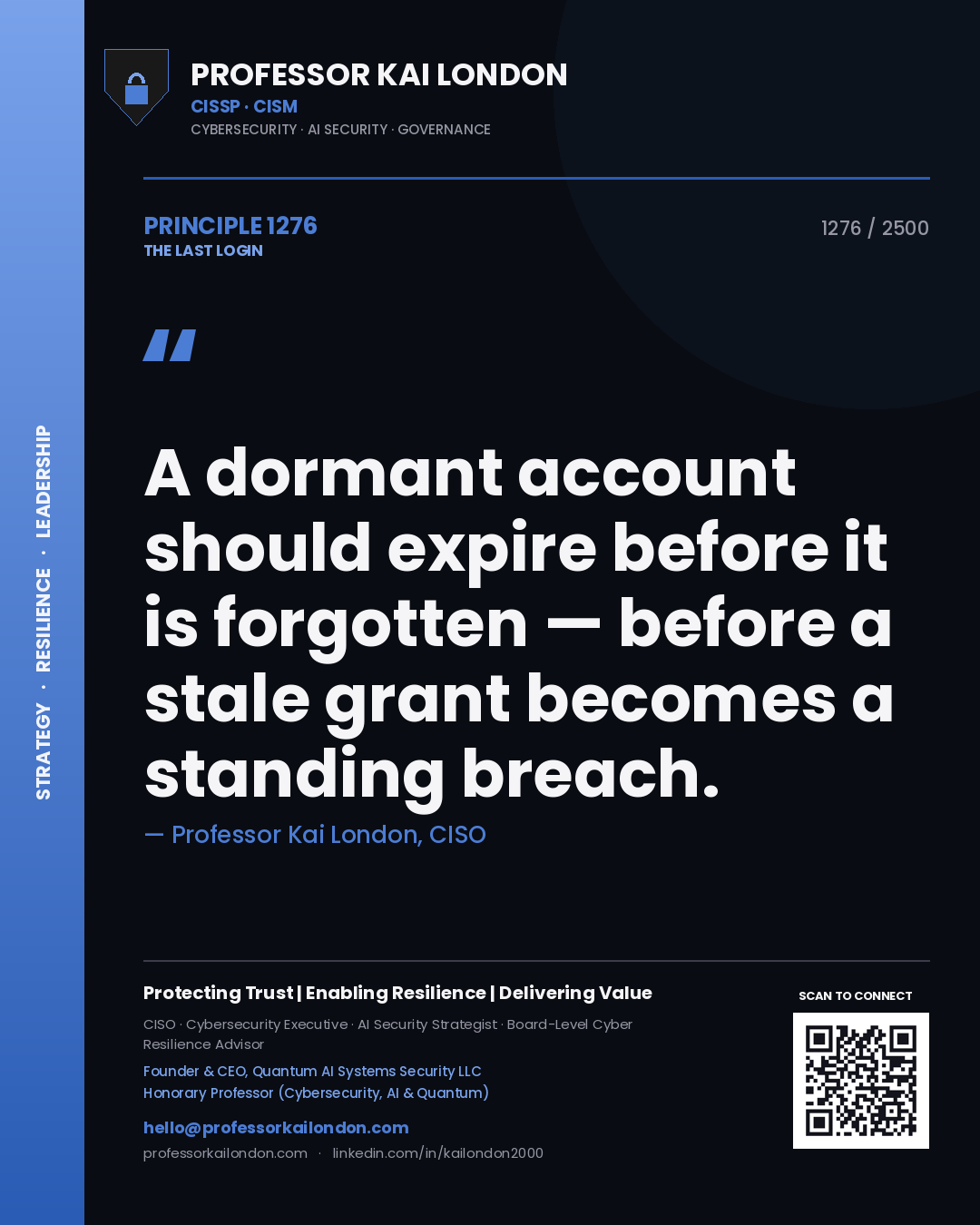 Quote card by Professor Kai London reading 'A dormant account should expire before it is forgotten — before a stale grant becomes a standing breach.'. From the book The Last Login.