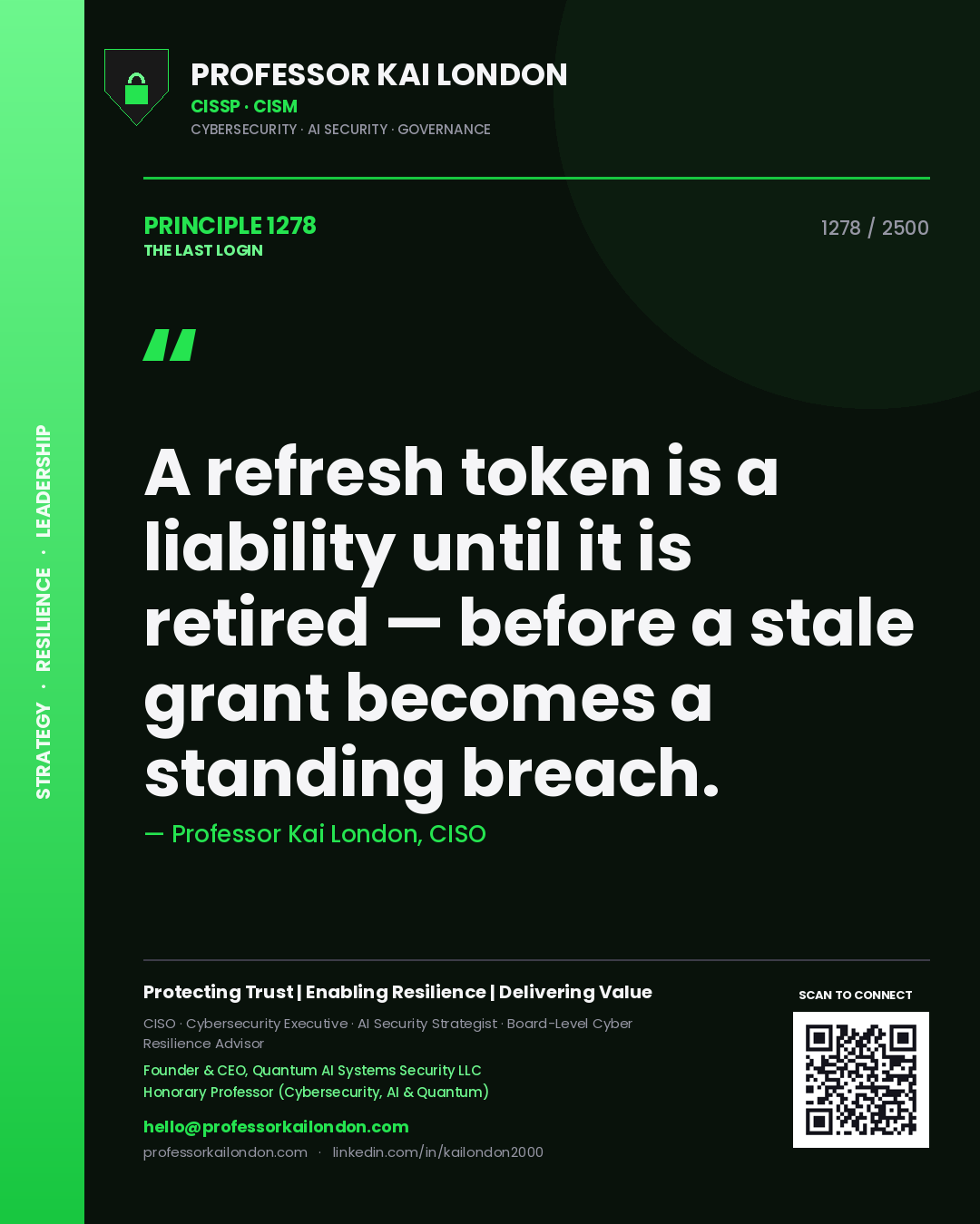 Quote card by Professor Kai London reading 'A refresh token is a liability until it is retired — before a stale grant becomes a standing breach.'. From the book The Last Login.