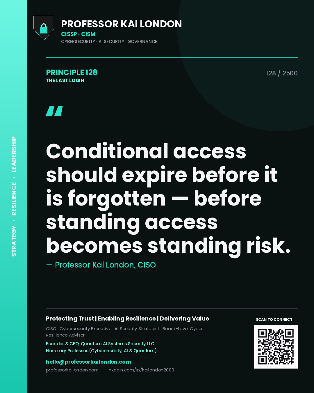 Quote card by Professor Kai London reading 'Conditional access should expire before it is forgotten — before standing access becomes standing risk.'. From the book The Last Login.