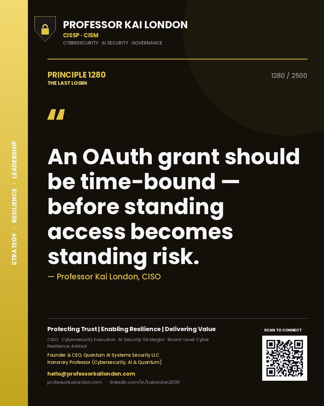 Quote card by Professor Kai London reading 'An OAuth grant should be time-bound — before standing access becomes standing risk.'. From the book The Last Login.