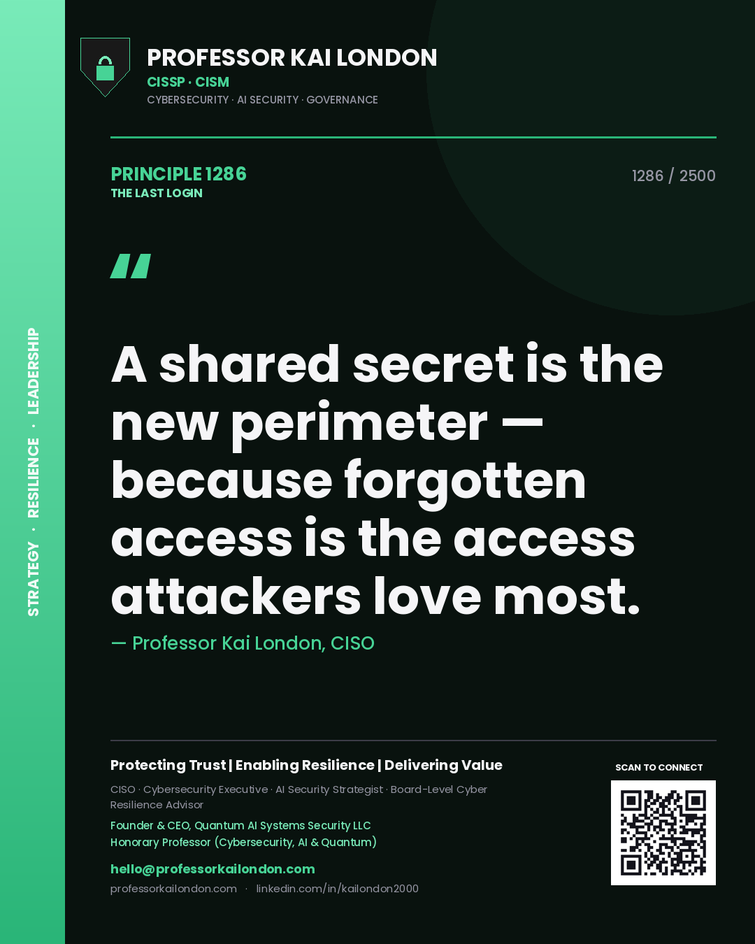 Professor Kai London principle 1286: A shared secret is the new perimeter — because forgotten access is the access attackers love most.