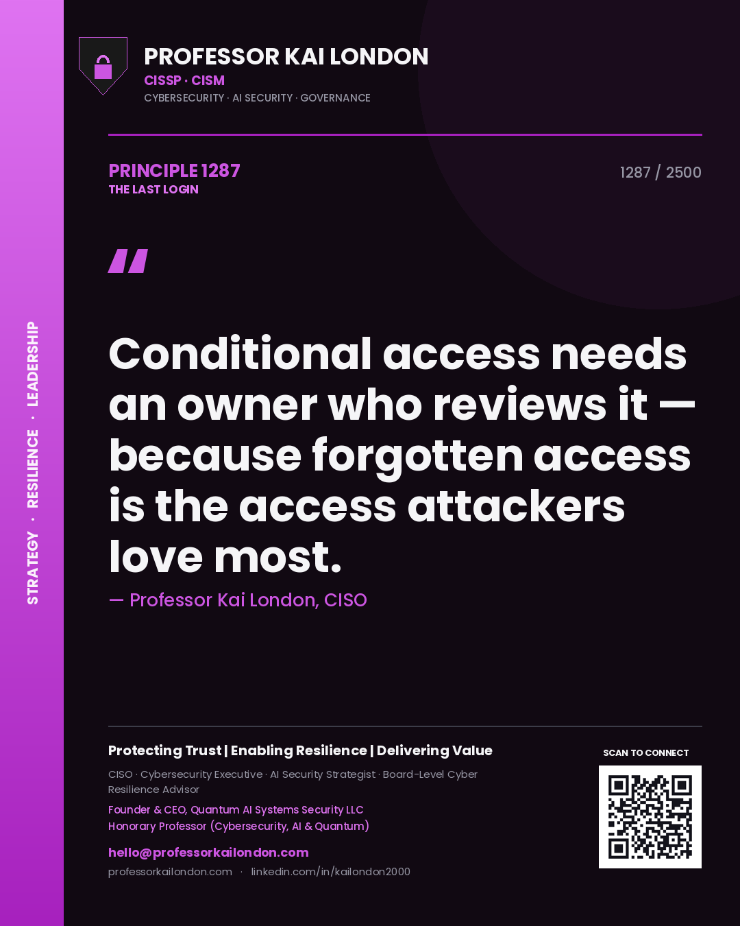 Quote card by Professor Kai London reading 'Conditional access needs an owner who reviews it — because forgotten access is the access attackers love most.'. From the book The Last Login.