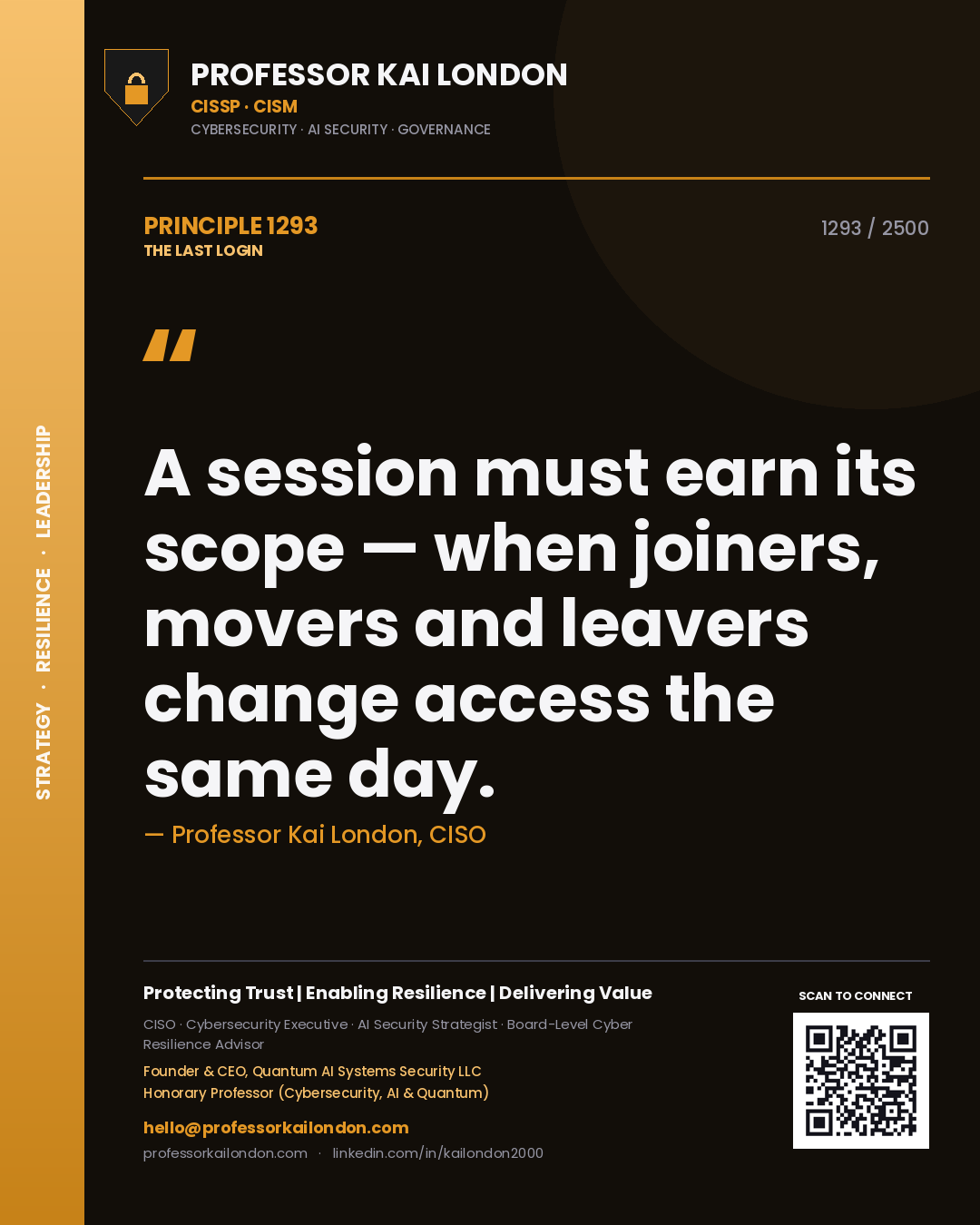 Quote card by Professor Kai London reading 'A session must earn its scope — when joiners, movers and leavers change access the same day.'. From the book The Last Login.