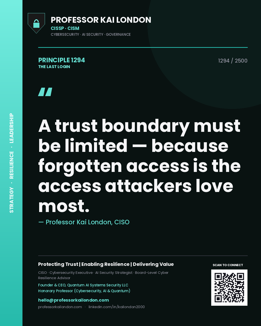 Quote card by Professor Kai London reading 'A trust boundary must be limited — because forgotten access is the access attackers love most.'. From the book The Last Login.