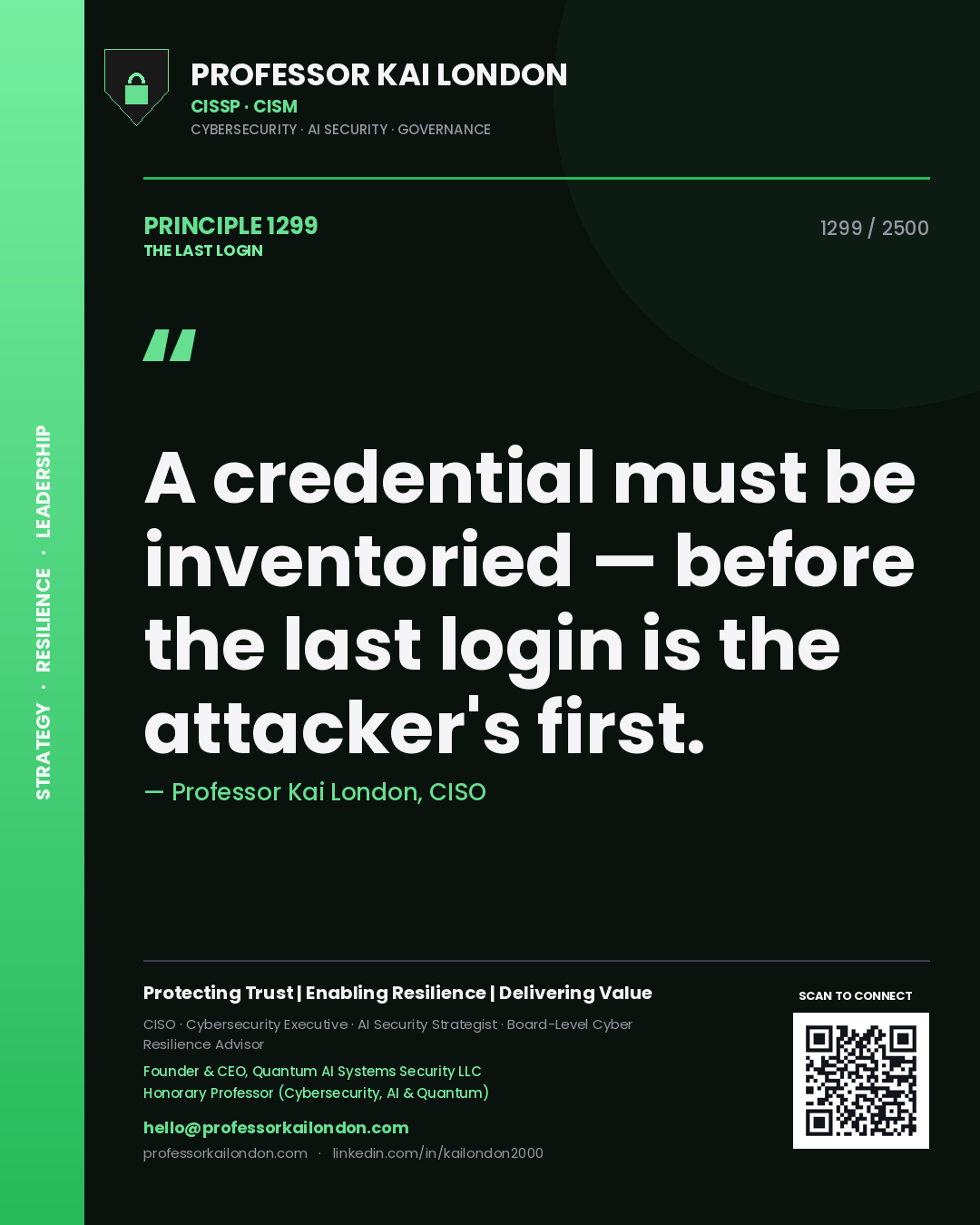 Professor Kai London principle 1299: A credential must be inventoried — before the last login is the attacker's first.
