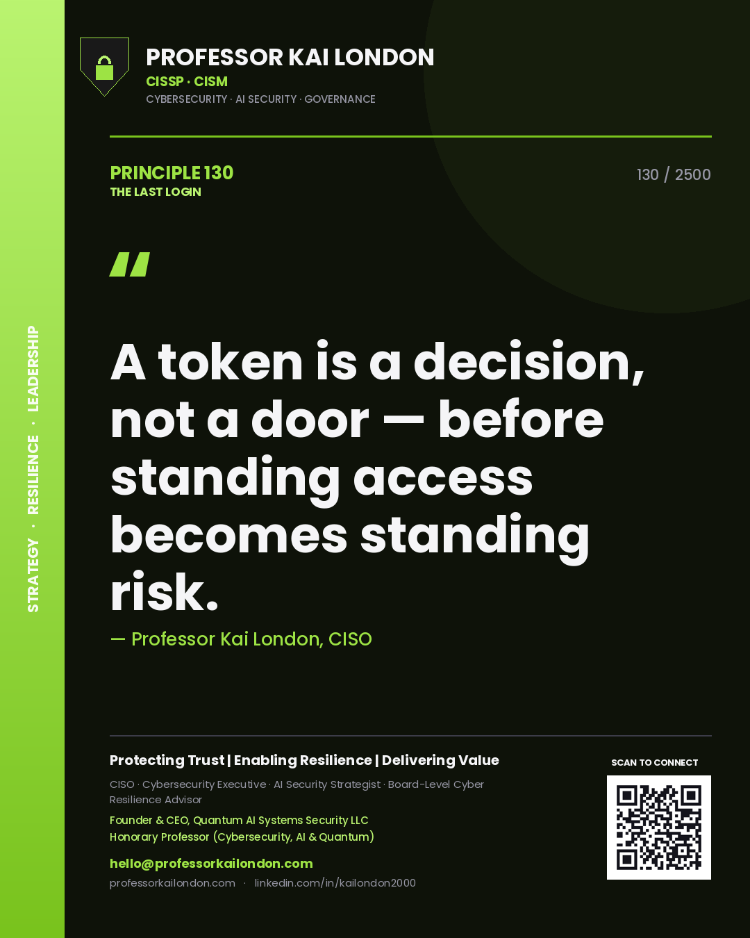 Quote card by Professor Kai London reading 'A token is a decision, not a door — before standing access becomes standing risk.'. From the book The Last Login.