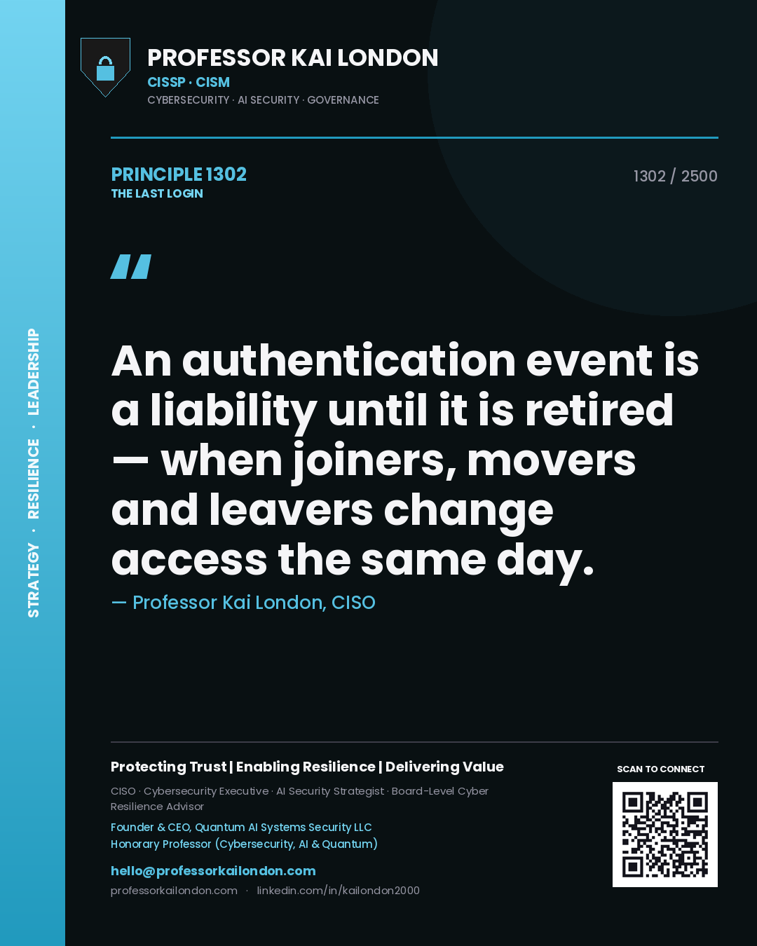 Quote card by Professor Kai London reading 'An authentication event is a liability until it is retired — when joiners, movers and leavers change access the same day.'. From the book The Last Login.