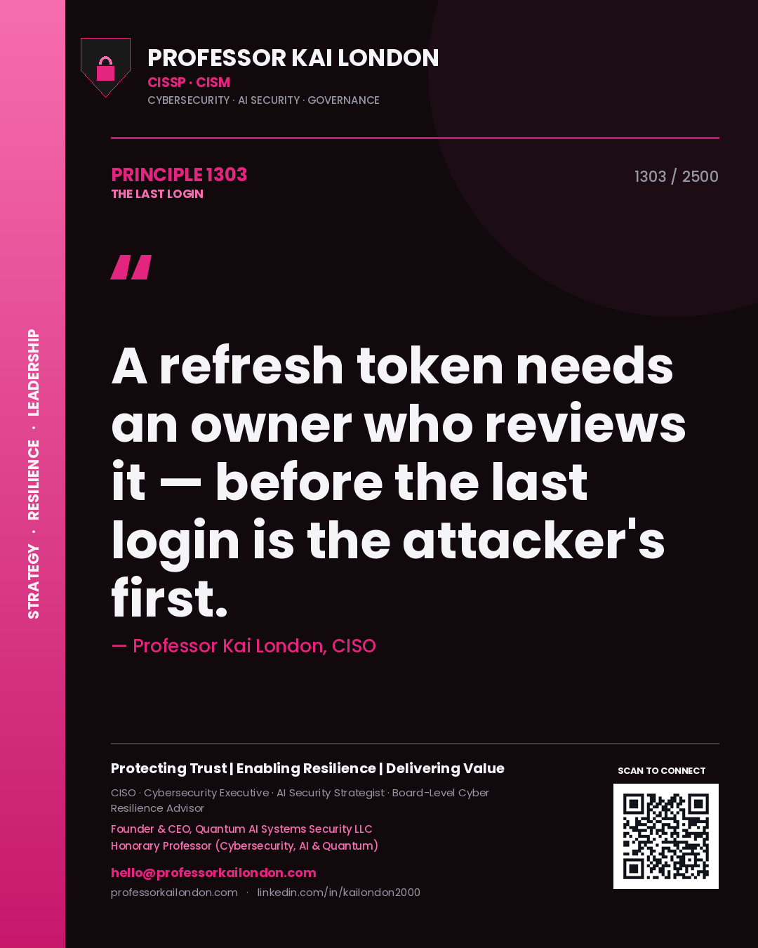 Professor Kai London principle 1303: A refresh token needs an owner who reviews it — before the last login is the attacker's first.