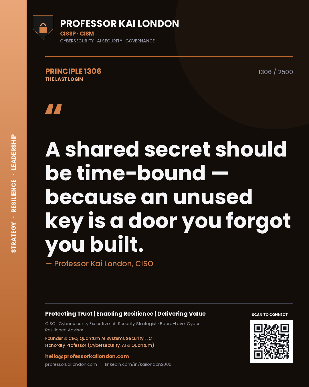 Professor Kai London principle 1306: A shared secret should be time-bound — because an unused key is a door you forgot you built.