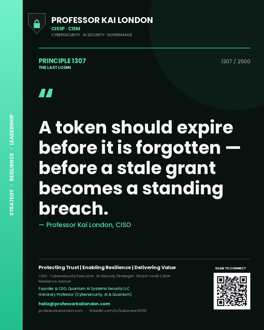 Quote card by Professor Kai London reading 'A token should expire before it is forgotten — before a stale grant becomes a standing breach.'. From the book The Last Login.