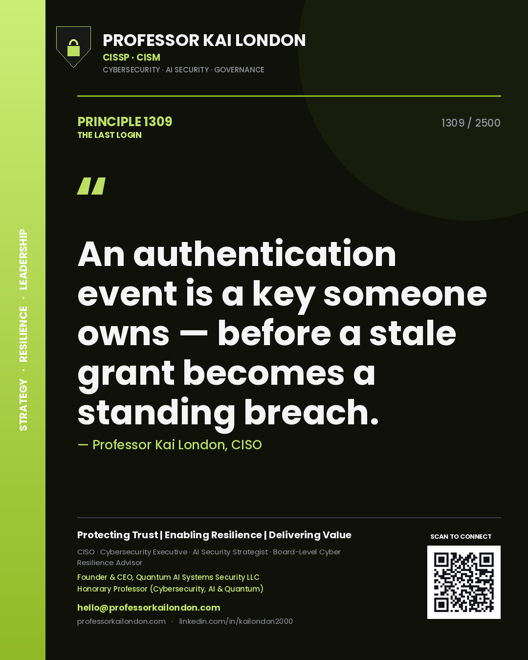 Professor Kai London principle 1309: An authentication event is a key someone owns — before a stale grant becomes a standing breach.