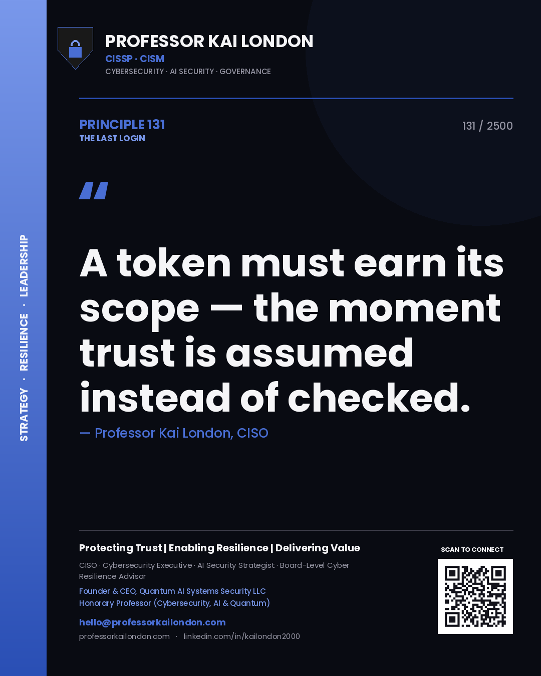 Quote card by Professor Kai London reading 'A token must earn its scope — the moment trust is assumed instead of checked.'. From the book The Last Login.