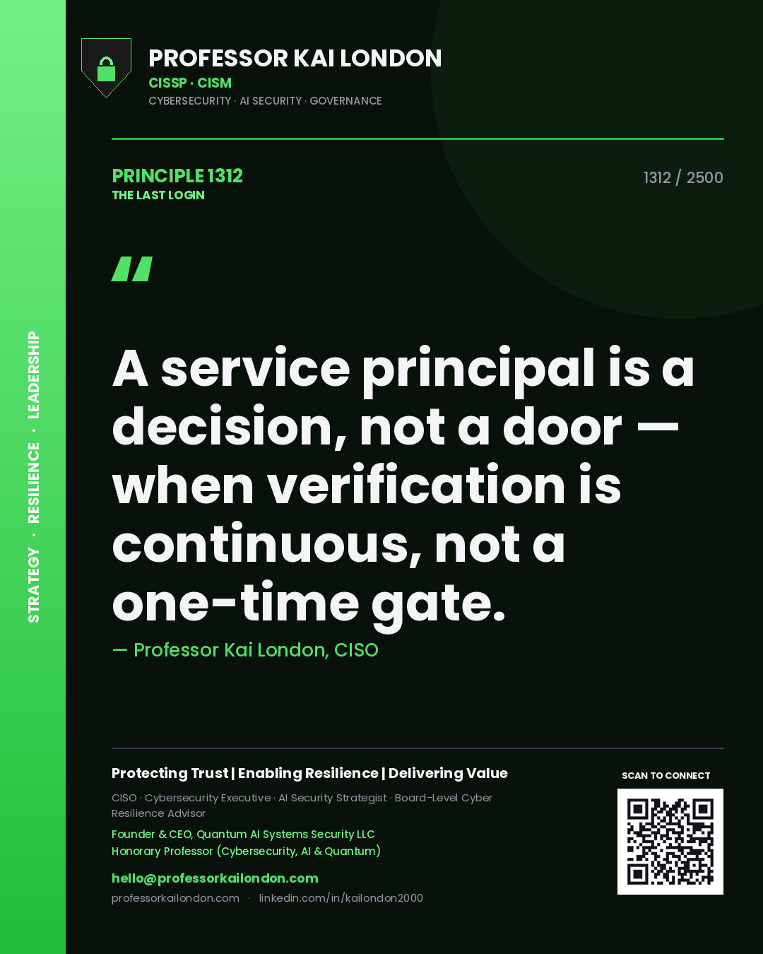 Quote card by Professor Kai London reading 'A service principal is a decision, not a door — when verification is continuous, not a one-time gate.'. From the book The Last Login.